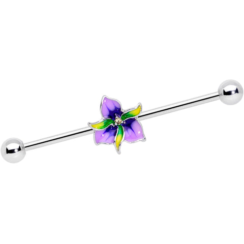 14G Clear Gem Exotic Purple Flower Industrial Barbell 38mm