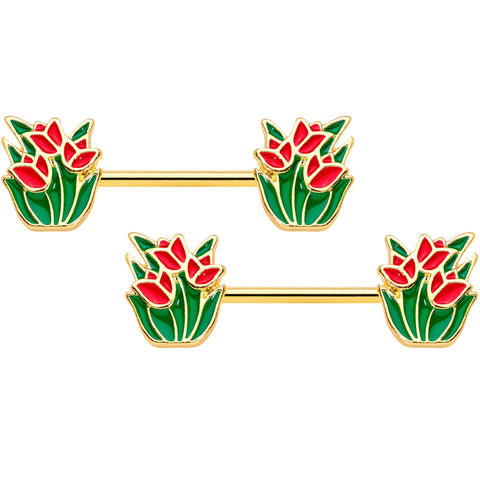 14G 9/16 Gold Tone Red Tulip Flowers Barbell Nipple Ring Set