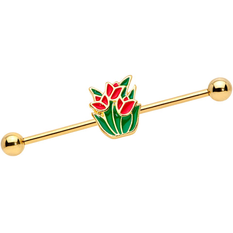 14G Gold Tone Red Tulip Flowers Industrial Barbell 38mm