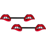 14G 9/16 Black Red Sneering Bite Lips Barbell Nipple Ring Set