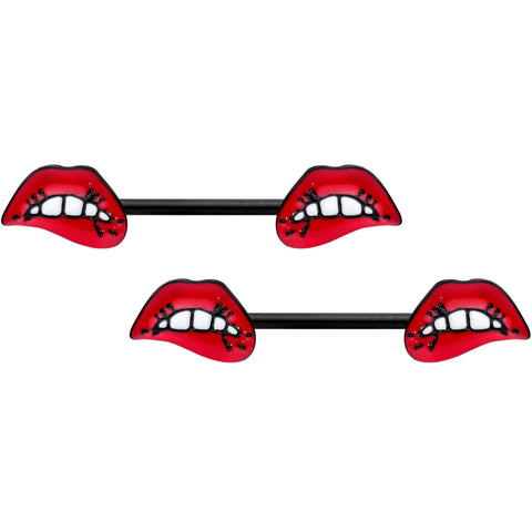 14G 9/16 Black Red Sneering Bite Lips Barbell Nipple Ring Set