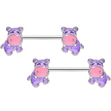 14G 9/16 Happy Purple Hippo Barbell Nipple Ring Set