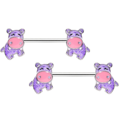 14G 9/16 Happy Purple Hippo Barbell Nipple Ring Set