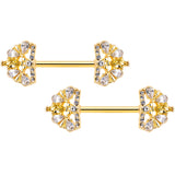 14G 9/16 Clear CZ Gem Gold Tone Lavish Crown Nipple Ring Set