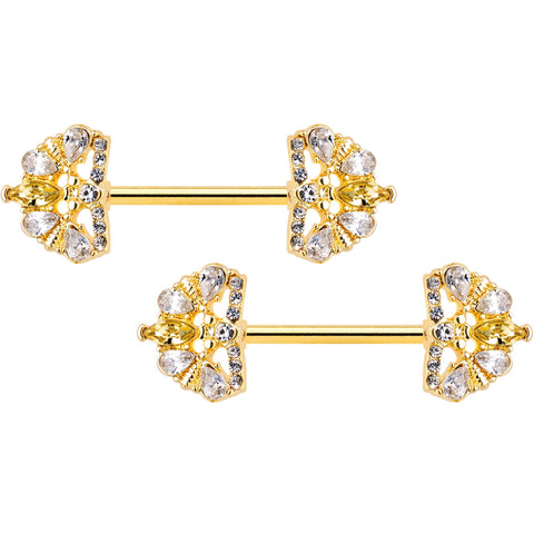 14G 9/16 Clear CZ Gem Gold Tone Lavish Crown Nipple Ring Set