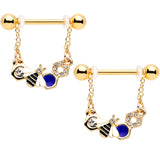 14G 9/16 Clear CZ Gem Gold Tone Lovely Bee Dangle Nipple Ring Set