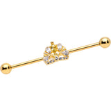 14G Clear CZ Gem Gold Tone Lavish Crown Industrial Barbell 38mm