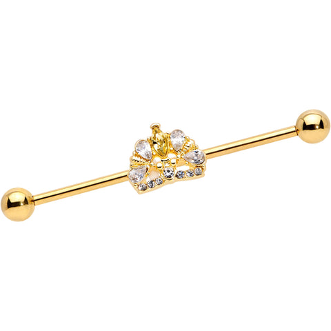 14G Clear CZ Gem Gold Tone Lavish Crown Industrial Barbell 38mm