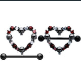 14G 7/8 Red CZ Gem Black Skull Heart Halloween Nipple Shield Set