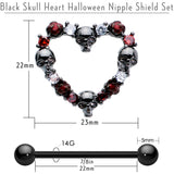 14G 7/8 Red CZ Gem Black Skull Heart Halloween Nipple Shield Set