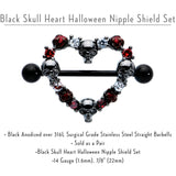 14G 7/8 Red CZ Gem Black Skull Heart Halloween Nipple Shield Set