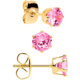 20G Pink CZ Gem Gold Tone 3mm to 5mm Post Stud Earring Set of 3