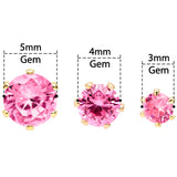 20G Pink CZ Gem Gold Tone 3mm to 5mm Post Stud Earring Set of 3