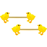 14G 9/16 Gold Tone Yellow Easter Chick Barbell Nipple Ring Set