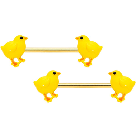 14G 9/16 Gold Tone Yellow Easter Chick Barbell Nipple Ring Set