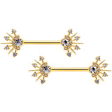 14G 5/8 Clear CZ Gem Gold Hue Elegant Crest Barbell Nipple Ring Set