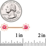 14G 5/8 Clear Gem Rose Gold Tone Pink Flower Nipple Ring Set