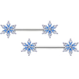 14G 9/16 Clear CZ Gem Blue Snowflake Barbell Nipple Ring Set
