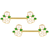 14G 9/16 Gold Tone White Spring Flower Barbell Nipple Ring Set