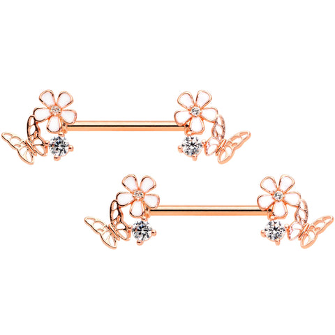 14G 9/16 Clear CZ Gem Rose Gold Tone Butterfly Nipple Ring Set