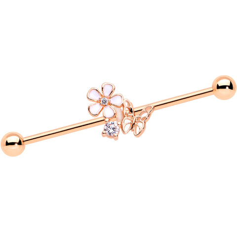 14G Clear CZ Gem Rose Gold Tone Butterfly Industrial Barbell 38mm