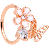 20G 5/16 Clear CZ Gem Rose Gold Tone Butterfly Flower Nose Hoop