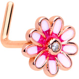 20G 7mm Clear Gem Rose Gold Tone Pink Flower L Shaped Nose Ring