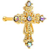 20G 1/4 Aurora CZ Gem Gold Tone Subtle Cross Nose Bone