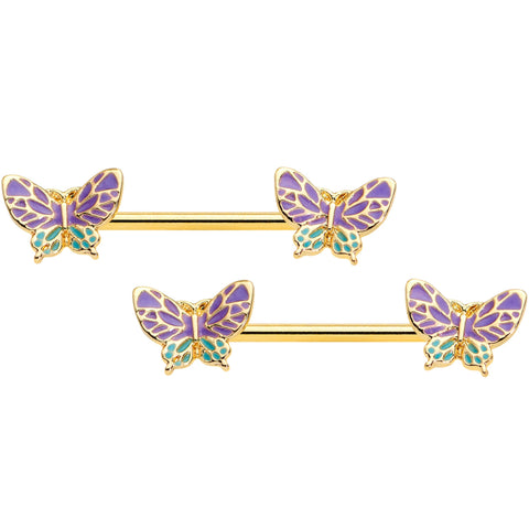 14G 9/16 Gold Tone Purple Green Butterfly Barbell Nipple Ring Set