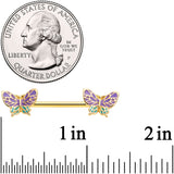 14G 9/16 Gold Tone Purple Green Butterfly Barbell Nipple Ring Set