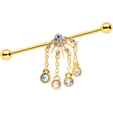 14G Clear CZ Gem Gold Tone Elegant Dangle Industrial Barbell 38mm