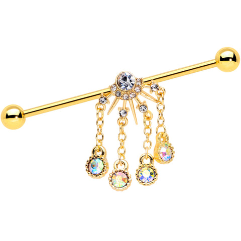 14G Clear CZ Gem Gold Tone Elegant Dangle Industrial Barbell 38mm