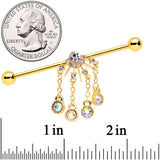 14G Clear CZ Gem Gold Tone Elegant Dangle Industrial Barbell 38mm