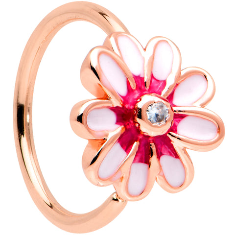 20G 5/16 Clear Gem Rose Gold Tone Pink Flower Nose Hoop