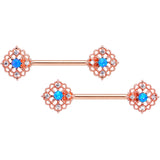 14G 9/16 Blue Synthetic Opal Rose Gold Tone Lacy Nipple Ring Set