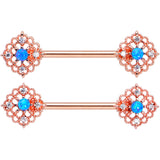 14G 9/16 Blue Synthetic Opal Rose Gold Tone Lacy Nipple Ring Set
