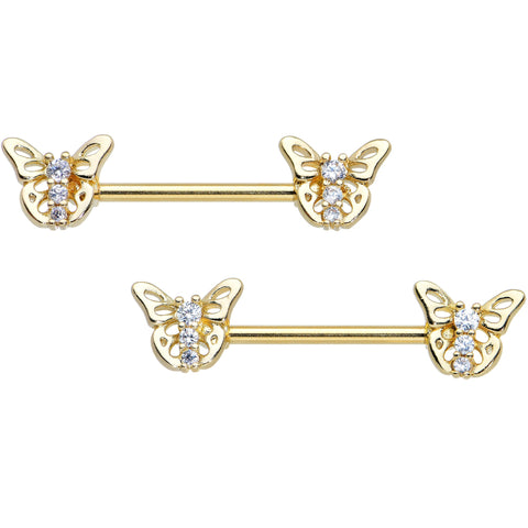 14G 9/16 Clear CZ Gem Gold Tone Open Butterfly Nipple Ring Set