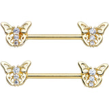 14G 9/16 Clear CZ Gem Gold Tone Open Butterfly Nipple Ring Set