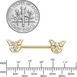 14G 9/16 Clear CZ Gem Gold Tone Open Butterfly Nipple Ring Set