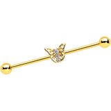 14G Clear CZ Gem Gold Tone Open Butterfly Industrial Barbell 38mm