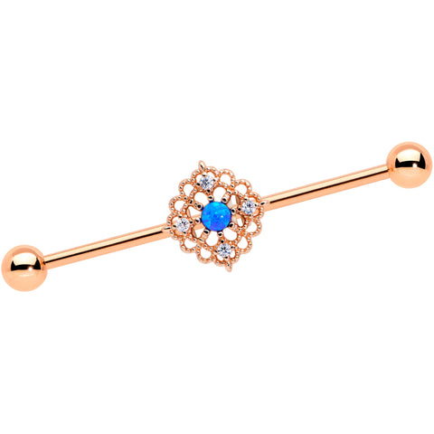 14G Blue Synth Opal Rose Gold Tone Lacy Industrial Barbell 38mm