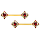 14G 9/16 Red Gem Gold Tone Rich Rhombus Barbell Nipple Ring Set
