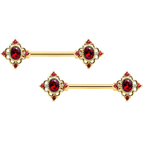 14G 9/16 Red Gem Gold Tone Rich Rhombus Barbell Nipple Ring Set