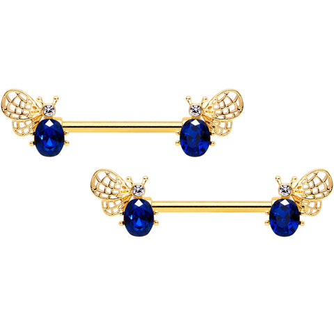 14G 9/16 Blue Gem Gold Tone Beautiful Bee Barbell Nipple Ring Set