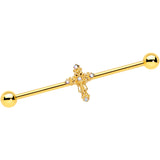 14G Clear CZ Gem Gold Tone Cross Industrial Barbell 38mm