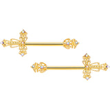 14G 9/16 Clear CZ Gem Gold Tone Scrolling Cross Nipple Ring Set