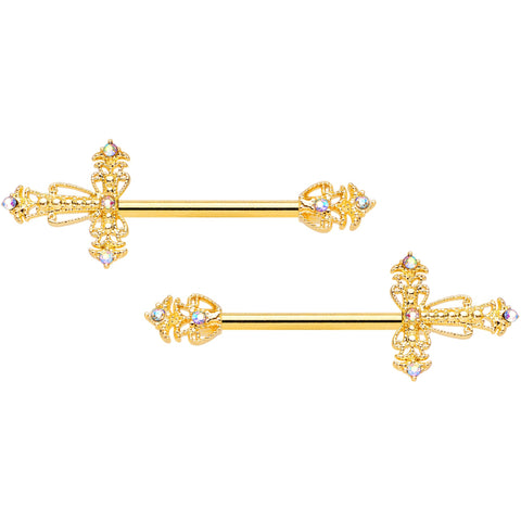 14G 9/16 Clear CZ Gem Gold Tone Scrolling Cross Nipple Ring Set