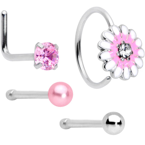 20G 5/16 1/4 Pink CZ Gem Daisy Nose Hoop Bone L Shape Set of 4