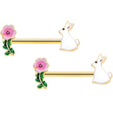 14G 9/16 Pink Gem Gold Tone Easter Bunny Flower Nipple Ring Set
