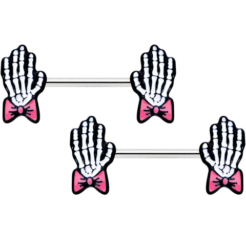 14G 9/16 Skeleton Hand Bow Halloween Barbell Nipple Ring Set